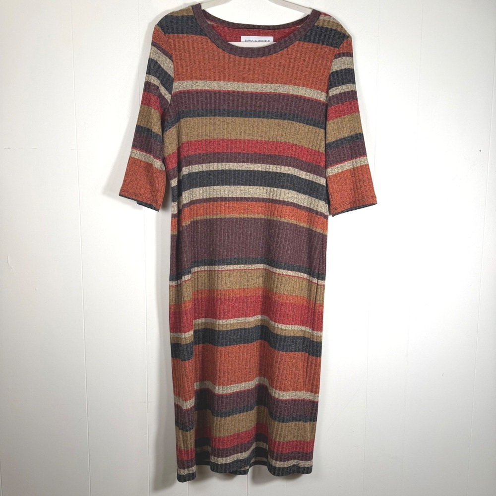 Emma & Michele Ribbed Knit Midi Dress Fall Striped 1/2 Sleeve Size 16 Indie 70s